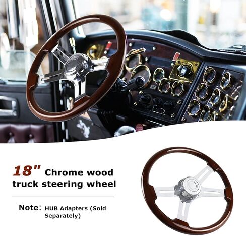 عجلة قيادة شاحنة خشبية مقاس 18 بوصة، عجلة قيادة مطلية بالكروم من الألومنيوم بأربعة قضبان لشبه المقطورات والشاحنات in Kuwait