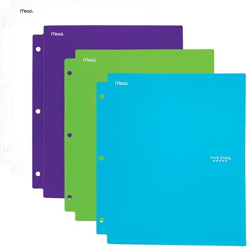 Five Star 2 Pocket Folders with Prong Fasteners, Folders with Pockets, Plastic, Teal, White, Purple, Lime, 4 Pack (38126) in Saudi Arabia