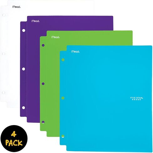 Five Star 2 Pocket Folders with Prong Fasteners, Folders with Pockets, Plastic, Teal, White, Purple, Lime, 4 Pack (38126) in Saudi Arabia