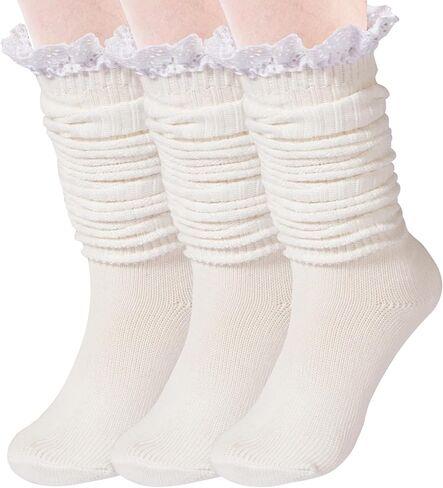 3 Pairs Slouch Socks for Women, Ruffle Frilly Turn Cuff Socks, Vintage Knit Scrunch Knee High Boot Socks Size 9-11 in Kuwait