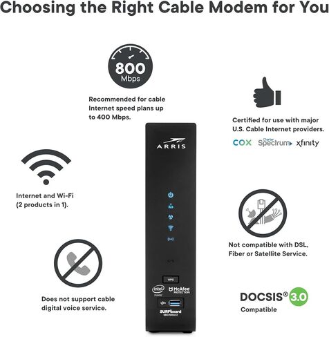 ARRIS (SB6190-RB) - Cable Modem - DOCSIS 3.0 32x8 Gigabit Modem, [Check with your provider for compatibility]1 Gbps Port, 800 Mbps Max Speed, 2 Year Warranty -Renewed in Kuwait