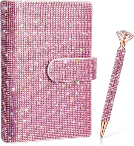 A6 Rhinestone 6 Ring Notebook Binder with Diamond Pen Set Silver Bling Office Accessories Supplies for Women Teen Girls Glitter Gift Set in Saudi Arabia