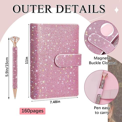 A6 Rhinestone 6 Ring Notebook Binder with Diamond Pen Set Silver Bling Office Accessories Supplies for Women Teen Girls Glitter Gift Set in Saudi Arabia