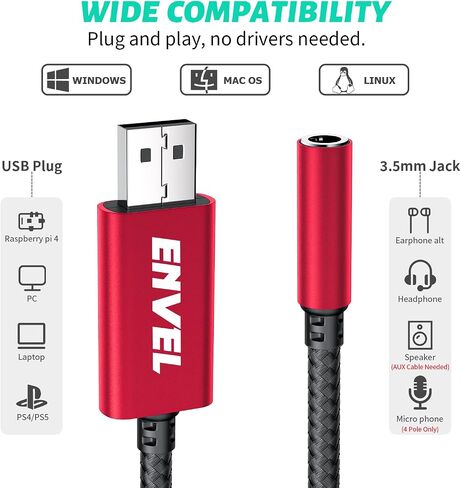 USB to 3.5mm Audio Adapter, External Stereo Sound Card | Dual TRS 3-Pole 3.5mm Headphone and Microphone Jack for PS4/PS5/PC/Laptop, Built-in Chip Mic-Supported Headphone Adapter in Kuwait