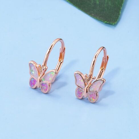 Opal Butterfly Earrings Gold Plated or Rose Gold Plated Leverback Earrings Cute Jewelry Huggie Hoop Earrings for Women Girls in Saudi Arabia