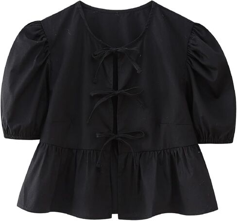 Women Y2K Peplum Shirt Puff Sleeve Tie Front Top Blouse Cute Going Out Babydoll Crop Top Summer in Saudi Arabia