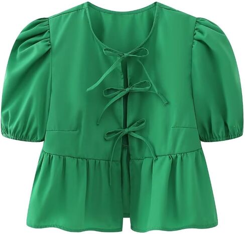 Women Y2K Peplum Shirt Puff Sleeve Tie Front Top Blouse Cute Going Out Babydoll Crop Top Summer in Saudi Arabia