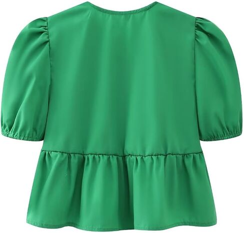 Women Y2K Peplum Shirt Puff Sleeve Tie Front Top Blouse Cute Going Out Babydoll Crop Top Summer in Saudi Arabia