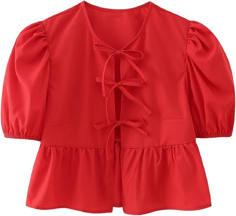 Women Y2K Peplum Shirt Puff Sleeve Tie Front Top Blouse Cute Going Out Babydoll Crop Top Summer in Saudi Arabia