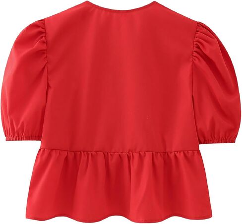 Women Y2K Peplum Shirt Puff Sleeve Tie Front Top Blouse Cute Going Out Babydoll Crop Top Summer in Saudi Arabia