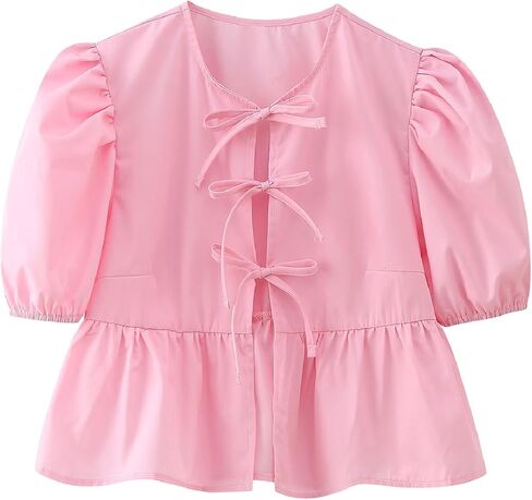 Women Y2K Peplum Shirt Puff Sleeve Tie Front Top Blouse Cute Going Out Babydoll Crop Top Summer in Saudi Arabia