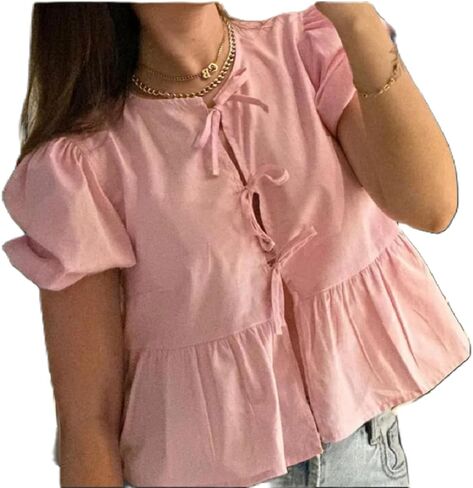 Women Y2K Peplum Shirt Puff Sleeve Tie Front Top Blouse Cute Going Out Babydoll Crop Top Summer in Saudi Arabia