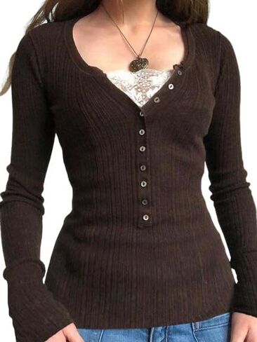 EMMIOL Lace Crop Button Up Shirts for Women Paneled Button Long Sleeve Knit Top Lightweight Slim Basic Knit Tunic Top Blouse in Saudi Arabia