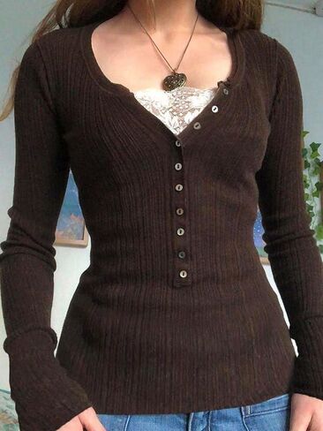 EMMIOL Lace Crop Button Up Shirts for Women Paneled Button Long Sleeve Knit Top Lightweight Slim Basic Knit Tunic Top Blouse in Saudi Arabia