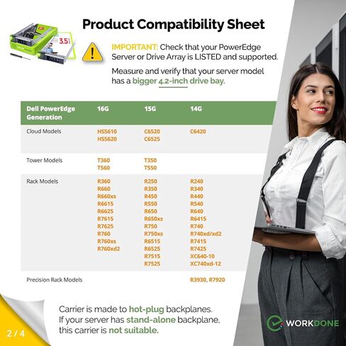 WORKDONE 4-Pack 3.5" LFF Carrier - fits Dell PowerEdge 17-14th Gen Y796F | Only for bigger 4.2" Wide Hot-Swap Bay, R250 R350 T350 R450 T550 R550 R650xs R750xs R6515 R6525 R7515, Labels, Manual, Screws in Kuwait