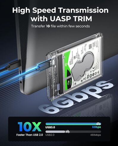 ORICO 2.5'' External Hard Drive Enclosure USB 3.0 to SATA III Tool-Free Clear Hard Disk Case for 2.5 inch 7mm 9.5mm SATA HDD SSD Max 6TB Support UASP(2139U3) in Kuwait