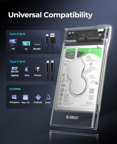 ORICO 2.5'' External Hard Drive Enclosure USB 3.0 to SATA III Tool-Free Clear Hard Disk Case for 2.5 inch 7mm 9.5mm SATA HDD SSD Max 6TB Support UASP(2139U3) in Kuwait