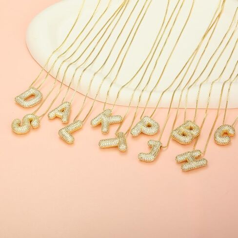 18k Bubble Letter Necklace Gold for Women, Rhinestone Bubble Balloon Initial Necklace for Her, Charm Puff Letter Name Pendant Chunky Alphabet necklace in Kuwait