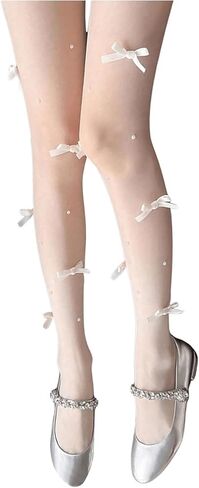Milumia Women's Pearl Beaded Bow Knot Decor Tights Y2k Mesh Stockings in Saudi Arabia