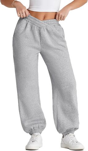 Herseas Women's V Crossover Waist Sweatpants Baggy Y2K Jogger Pants Wide Leg Fleeced Lounge Pants in Saudi Arabia