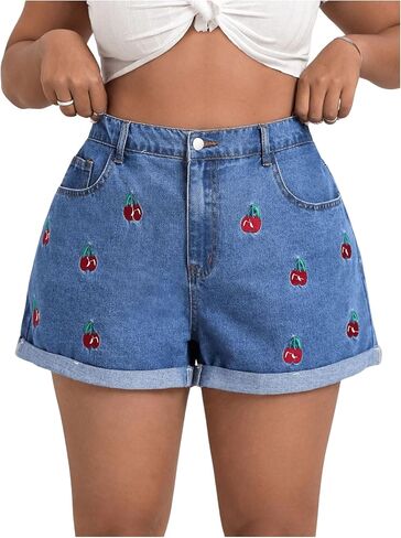 WDIRARA Women's Plus Size Cherry Embroidery Wide Leg Denim Shorts High Waist Rolled Hem Shorts in Saudi Arabia