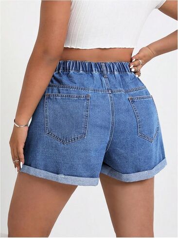 WDIRARA Women's Plus Size Cherry Embroidery Wide Leg Denim Shorts High Waist Rolled Hem Shorts in Saudi Arabia