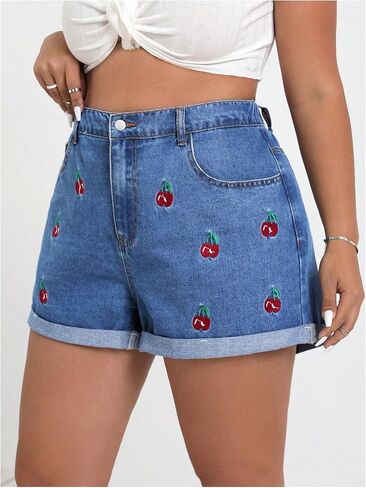 WDIRARA Women's Plus Size Cherry Embroidery Wide Leg Denim Shorts High Waist Rolled Hem Shorts in Saudi Arabia