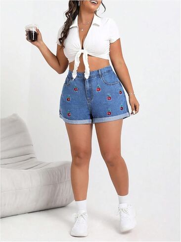 WDIRARA Women's Plus Size Cherry Embroidery Wide Leg Denim Shorts High Waist Rolled Hem Shorts in Saudi Arabia