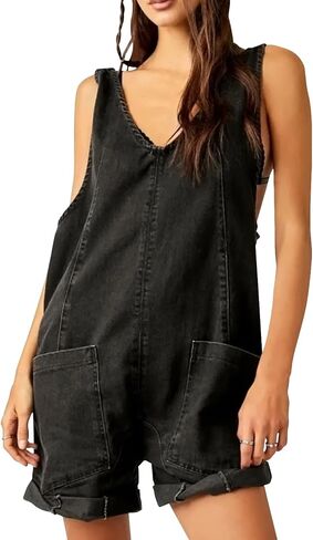 Womens Denim Rompers Summer Casual Sleeveless Denim Dress Overalls Rolled V Neck Jeans Short Jumpsuits with Pockets in Saudi Arabia