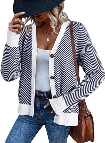 Dokotoo Women's 2024 Fashion Casual Open Front Long Sleeve Chunky Knit Striped Cardigans Sweaters Outerwear Coats in Saudi Arabia