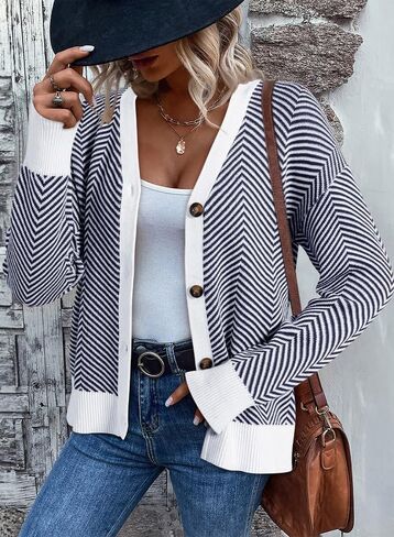 Dokotoo Women's 2024 Fashion Casual Open Front Long Sleeve Chunky Knit Striped Cardigans Sweaters Outerwear Coats in Saudi Arabia