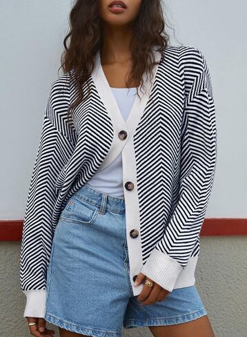 Dokotoo Women's 2024 Fashion Casual Open Front Long Sleeve Chunky Knit Striped Cardigans Sweaters Outerwear Coats in Saudi Arabia