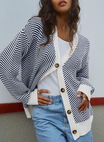 Dokotoo Women's 2024 Fashion Casual Open Front Long Sleeve Chunky Knit Striped Cardigans Sweaters Outerwear Coats in Saudi Arabia