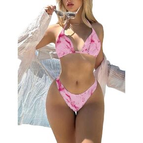WDIRARA Women's 2 Piece Tie Dye Swimsuits Halter Triangle Bikini Set Cheeky Beach Bathing Suit