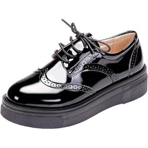 WUIWUIYU Womens Casual Patent Leather Lace-Up British Style Platform Brogues Oxford Saddle Shoes