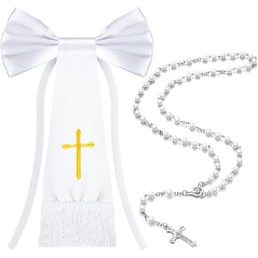 Hinly 2 جهاز كمبيوتر شخصى 11 بوصة أول مناولة الصبي ذراع الفرقة الملحقات 19.7 بوصة حبة المسبحة الكاثوليكية البوليستر الصليب المطرزة الصبي الأبيض شارة للبنين أو الفتيات الكنيسة الكاثوليكية المركزية هدية in Kuwait