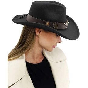 Unisex Cowboy Hat Western Felt Cowgirl Hat Wide Brim Classic Fedora Hats Retro Belt Buckle Panama Hat for Adults