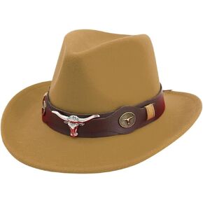 Unisex Cowboy Hat Western Felt Cowgirl Hat Wide Brim Classic Fedora Hats Retro Belt Buckle Panama Hat for Adults