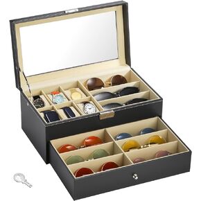 Hedume Leather Watch Box and Sunglass Case Organizer, 6 Slot Watch Box Jewelry Case and 9 Grid Eyeglasses Storage, 2-Tier Watch Sunglasses Display Drawer Holder Transparent Lid with Lock