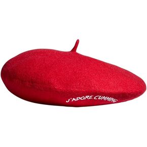 Unbound Red Beret: One Size Wool Beret with Embroidered White Thread