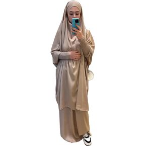 Muslim Women Abaya Two Pieces Set Prayer Dress Elasticated Sleeves Islamic Robe Modest Full Cover Prayer Clothes