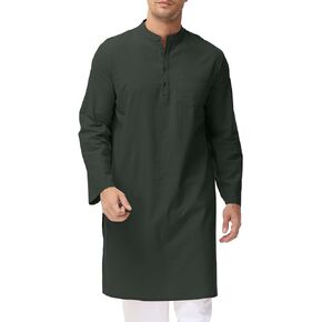 LVCBL Men's Kaftan Robe Long Sleeve Linen Thob Side Split Button Down Thobe Long Tunic Shirts