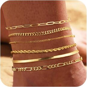 Amicon 6Pcs Gold Ankle Bracelets for Women, 14k Plated Gold Layered Anklets Set Waterproof Herringbone Paperclip Beaded Figaro Cuban Link Chain Beach Stackable Anklets Bracelet Jewelry Gift for Women