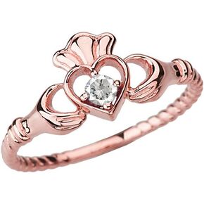 Dainty 10k Rose Gold Open Heart Solitaire CZ Rope Claddagh Promise Ring