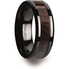 Benny - Black Ceramic Wedding Ring Band Flat Style with Bubinga Wood Inlay & Polished Beveled Edges - 8mm