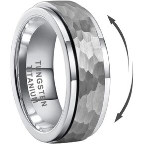 TUTISS 8mm Silver/Black/Gold Spinner Tungsten Titanium Fidget Rings for Men Women Anxiety Released Hammered Design Engagement Wedding Band Stepped Edges Comfort Fit
