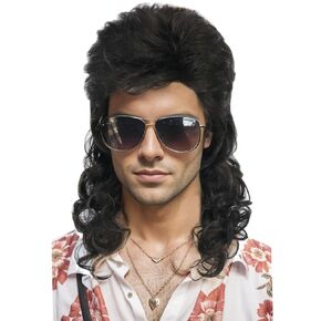 BERON 16'' New Vogue Men's Mullet Wig Costume Party Synthetic Wigs Hairnet Included (Black)