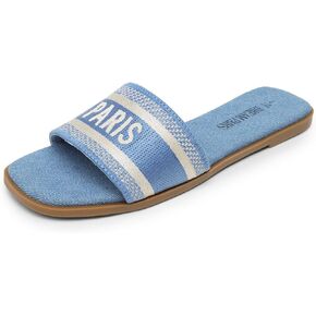 DREAM PAIRS Women's Flat Sandals Slip On Slides Sandals Square Open Toe Jacquard Braided Fashion Slides Casual Beach Slippers for Summer