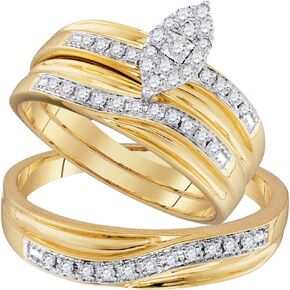 Solid 10k White and Yellow Two Toned Gold Round White Diamond Marquise Trio Engagement Ring Matching Mens Women Wedding Bands Set (1/3 cttw)