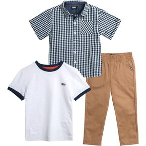 DKNY Boys' Pants Set - 3 Piece Short Sleeve Button Down, T-Shirt, Twill Flat Front Pants - Clothing Set for Boys (2T-7)